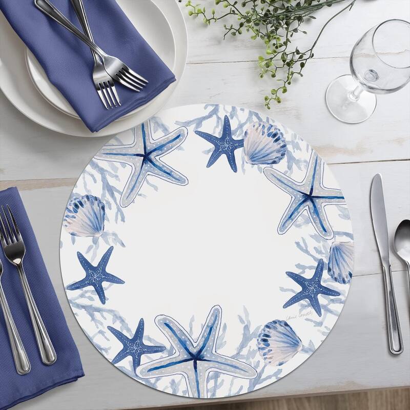 Wipe-Clean Reversible Round Shaped Placemats, Indigo Coastal, Set of 4, Made in The USA
