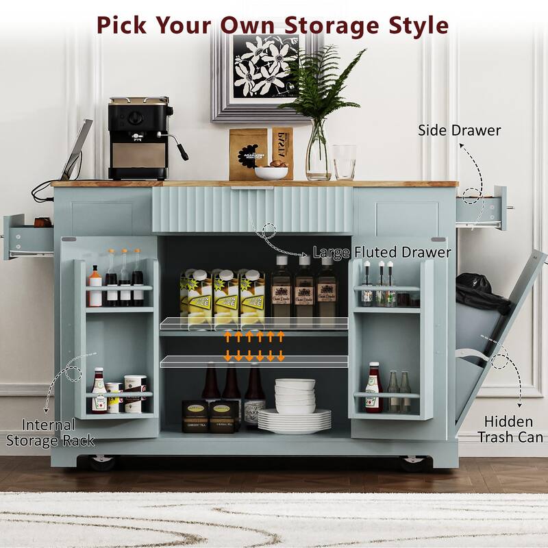 Fluted Kitchen Island with Open Side Racks & Power Outlet, Rolling Storage Cabinet w/Trash Can Storage, Drawers for Living Room