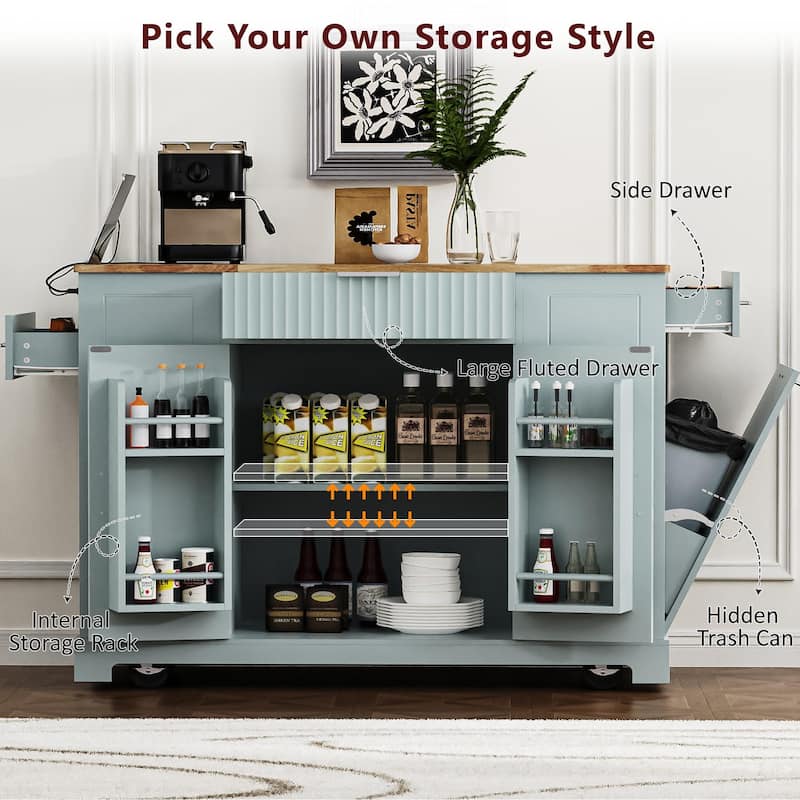 Fluted Kitchen Island with Trash Can Storage Cabinet, Power Outlet, Internal Storage Rack, Rolling Kitchen Islands