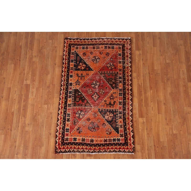 Vegetable Dye Animals Tribal Qashqai Persian Antique Rug - 3'3"x 5'6"