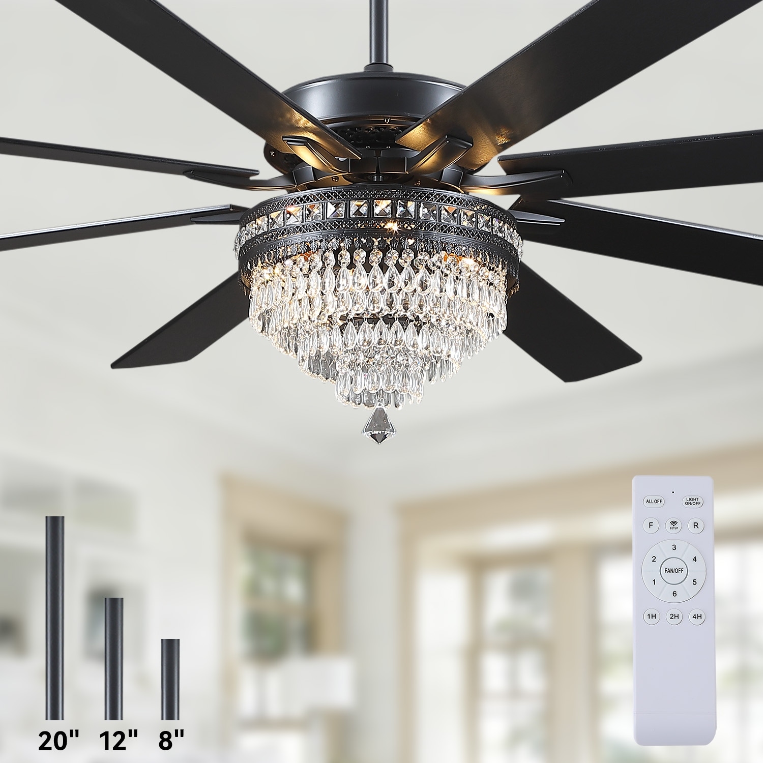 72" Crystal Ceiling Fan Fandelier with Lights and Remote Noiseless DC Motor, Retro/Farmhouse Lighting - 72 Inches