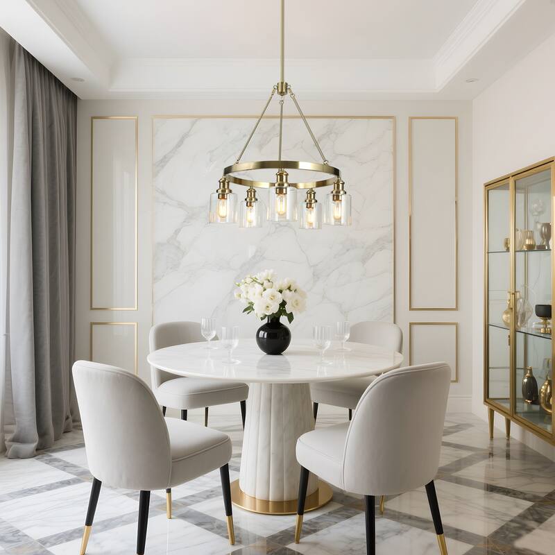 Oriva Modern 5-Light Gold Wagon Wheel Chandelier with Clear Glass Shades - Brushed Electroplated Copper - Dia.25"xH26.5"