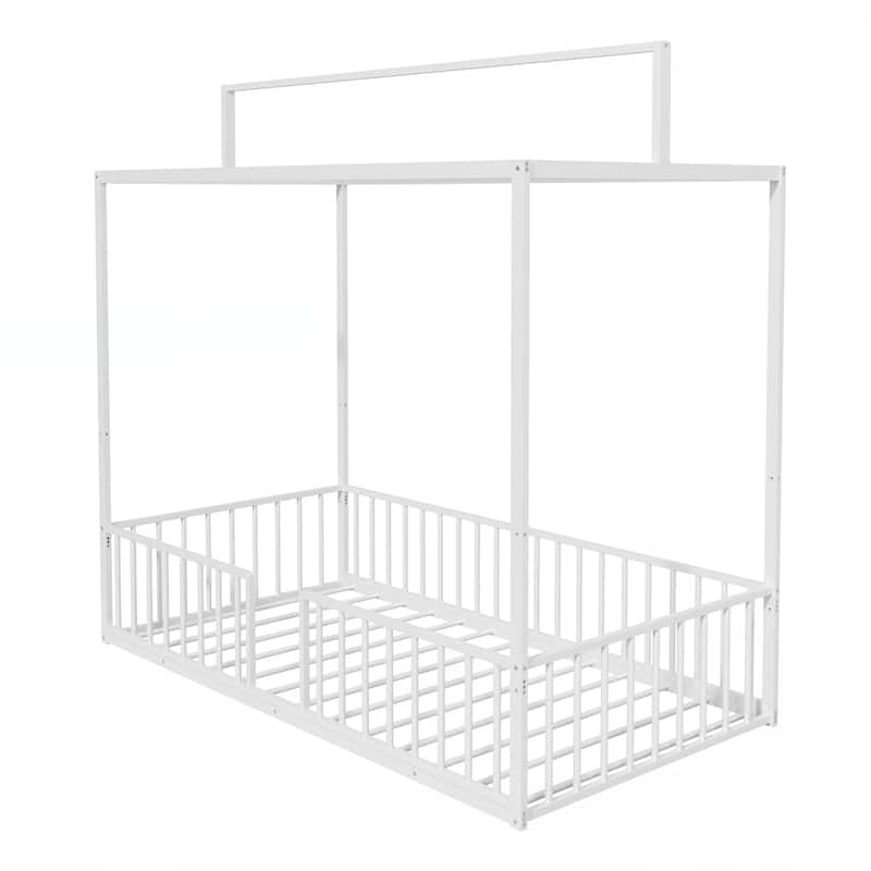 3-in-1 Convertible Montessori Metal floor bed,Fenced toddler bed with Sturdy Metal Slats Support