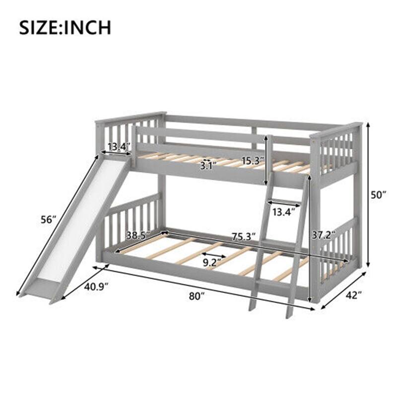 Twin Size Wood Bunk Bed with Slide Platform Bed Frame Bedroom Gray