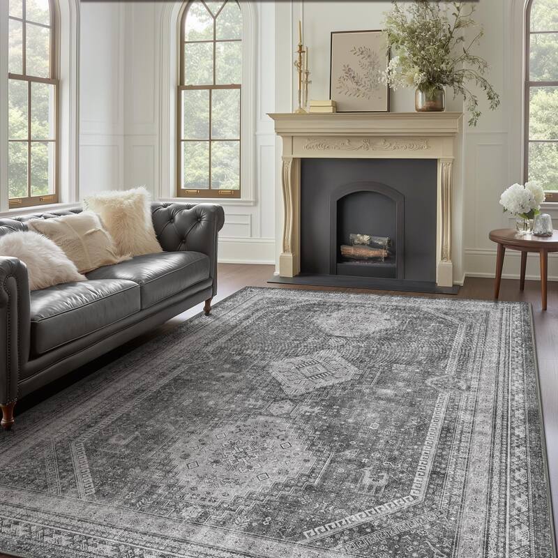 Mcow Faded Floral Vintage Low-Pile Machine Washable Non-Slip Area Rug - 8'X10' - Grey - Rectangle