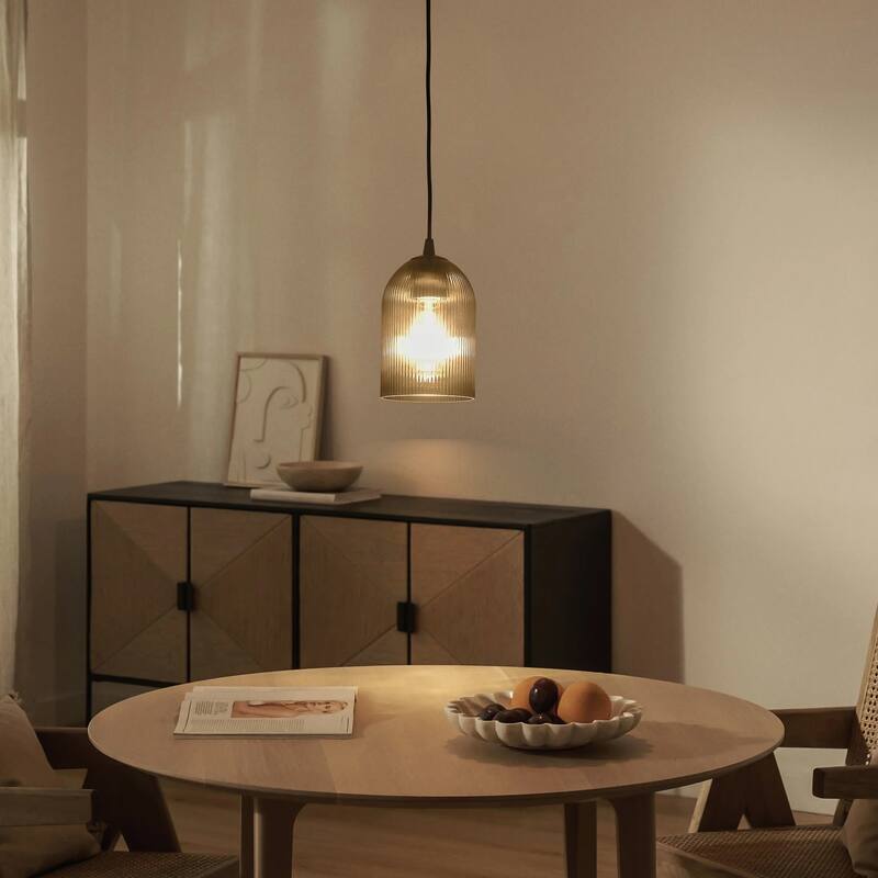 1-Light Modern Rustic Black/Gold Metal Island Pendant Light with Textured Grey/Clear Glass Bell Shade