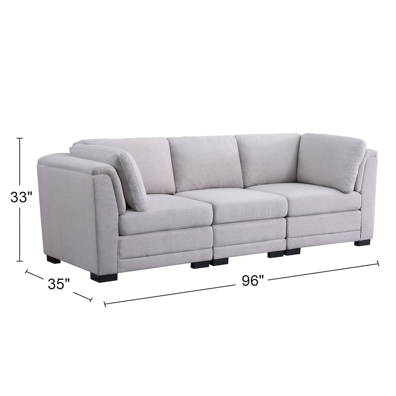 Linen Fabric Upholstered 3-Seater Modular Sofa in Light Gray and Black