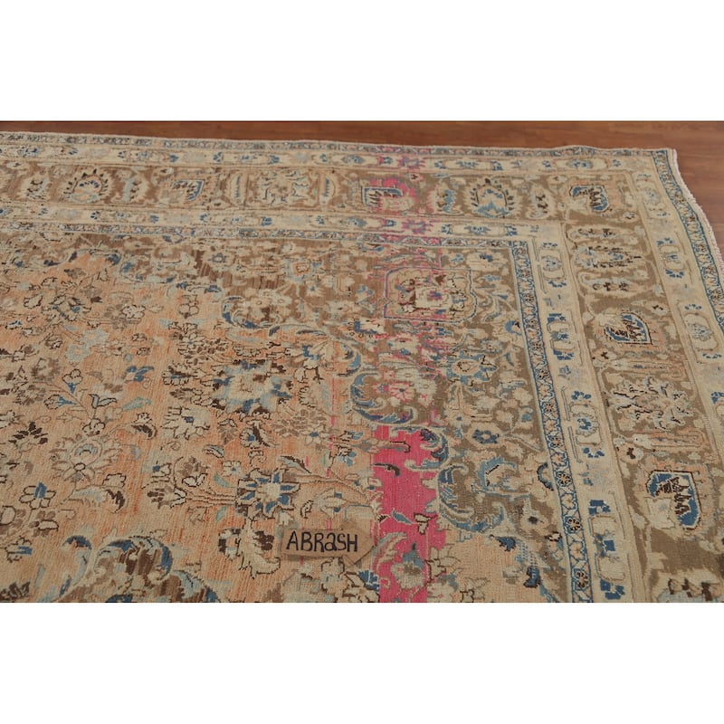 Orange Traditional Mashad Persian Vintage Rug Hand-Knotted Wool Carpet - 9'7"x 13'4"