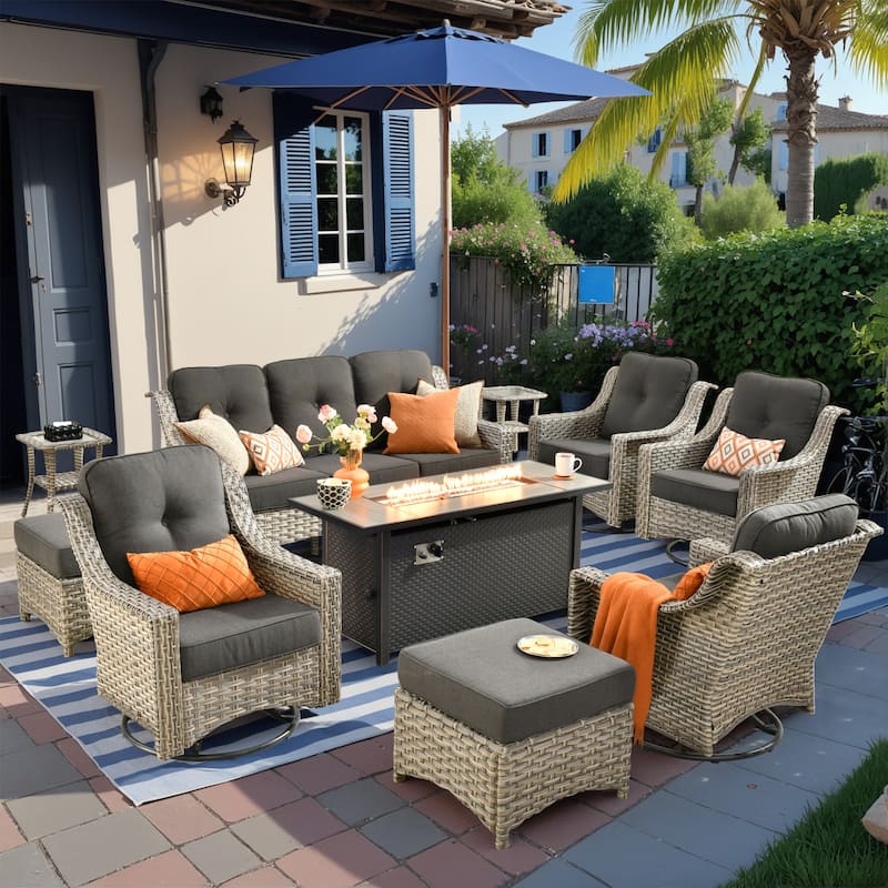 HOOOWOOO 10-piece Wicker Outdoor Patio High Back Swivel Chair Set with Fire Pit