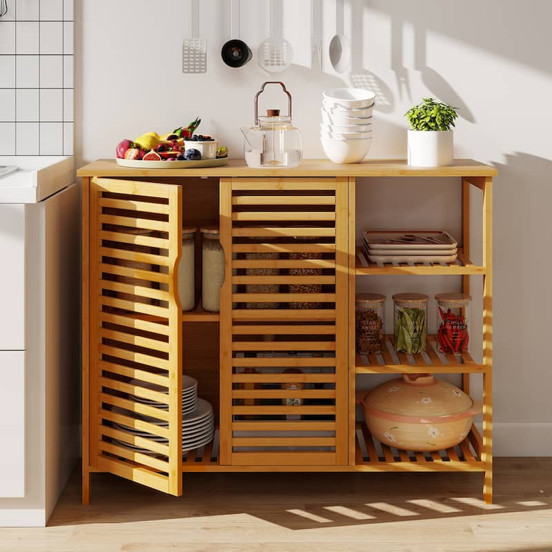 39.5" Natural Wicker Bathroom Storage Cabinet with Open Shelves and 2-Door for Kitchen or Living Room - 39.5" x 14" x 31.5"