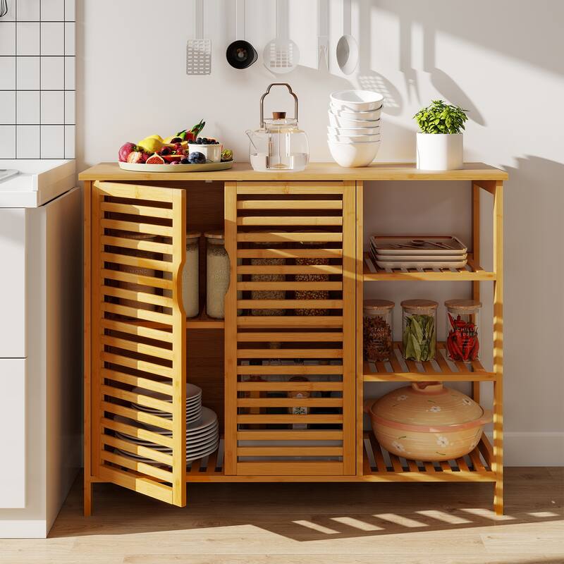 Gymax Bamboo Bathroom Cabinet 2-Door Storage Organizer w/ Shelves