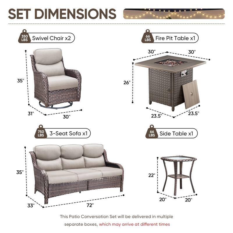 Pocassy Outdoor Propane Fire Table with Sofa Swivel Chair Table Funiture Set.