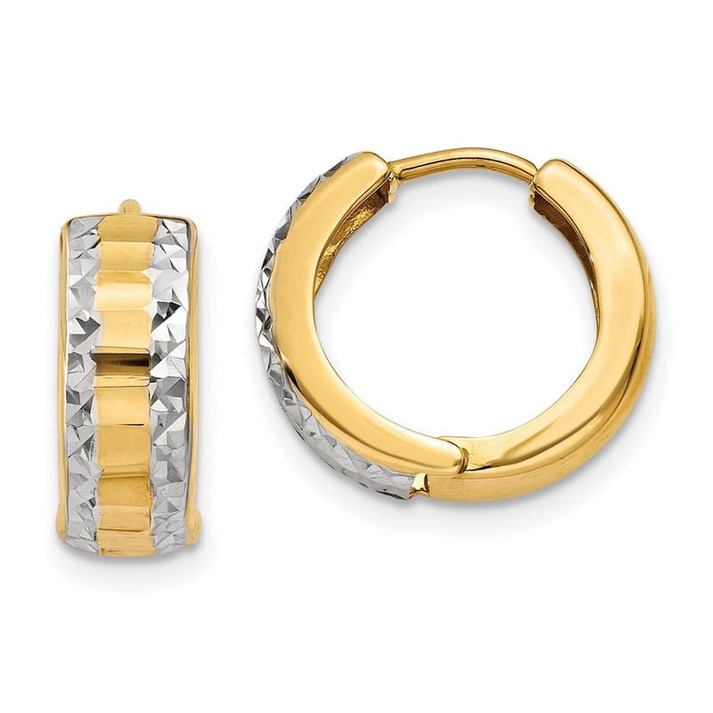 Curata 14k Yellow Gold White Rhodium 5x10mm Hinged Huggies Hoop Earrings