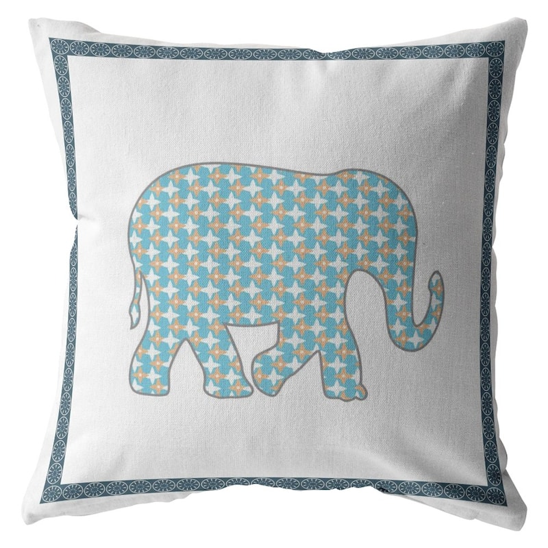 16" Blue White Elephant Zippered Suede Throw Pillow