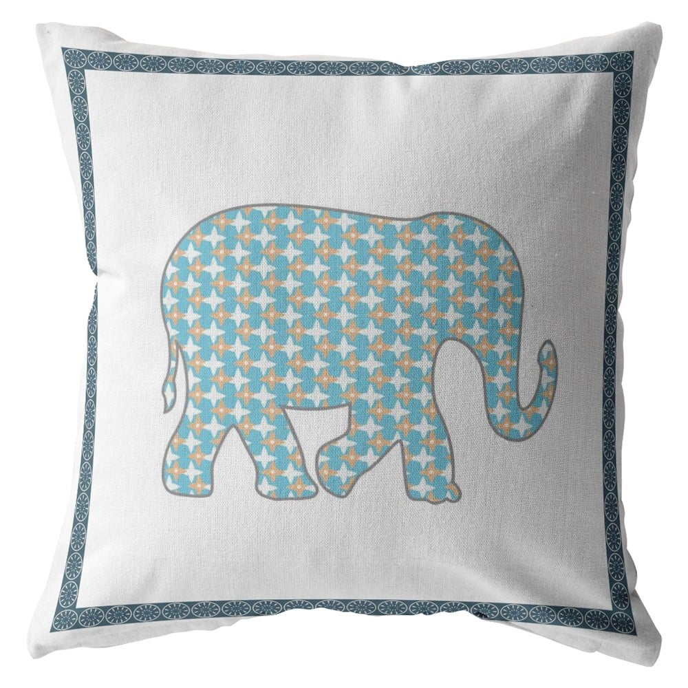 16" Blue White Elephant Zippered Suede Throw Pillow