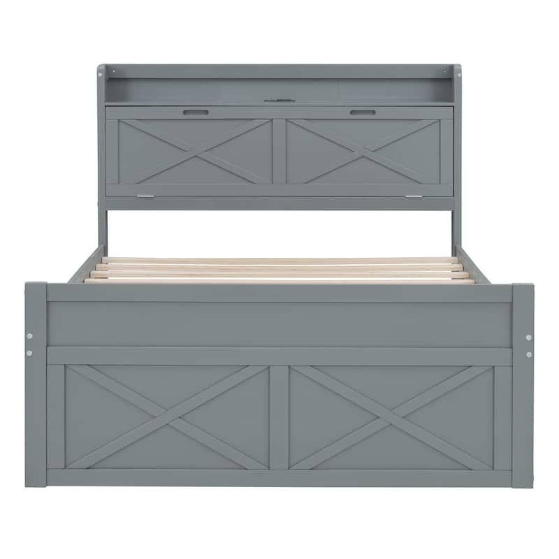 Wooden Platform Bed Outlets on Storage Headboard, Wood Slat Panel Bed Frame with 3 Storage Drawers & Pull-out Trundle Bed
