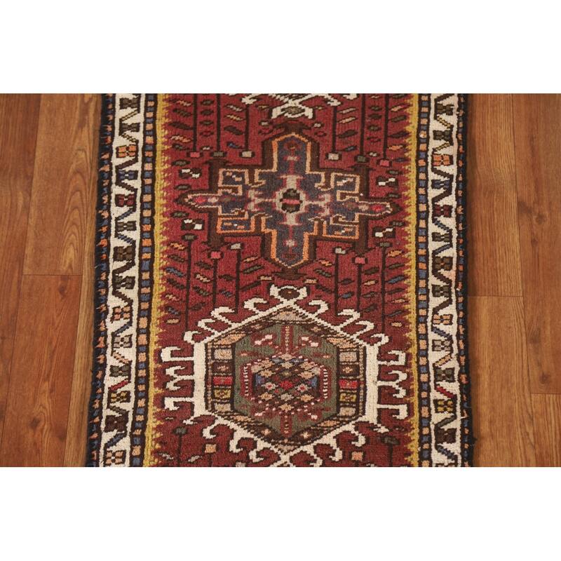 Red Gharajeh Persian Vintage Runner Rug Handmade Wool Carpet - 1'11"x 4'11"