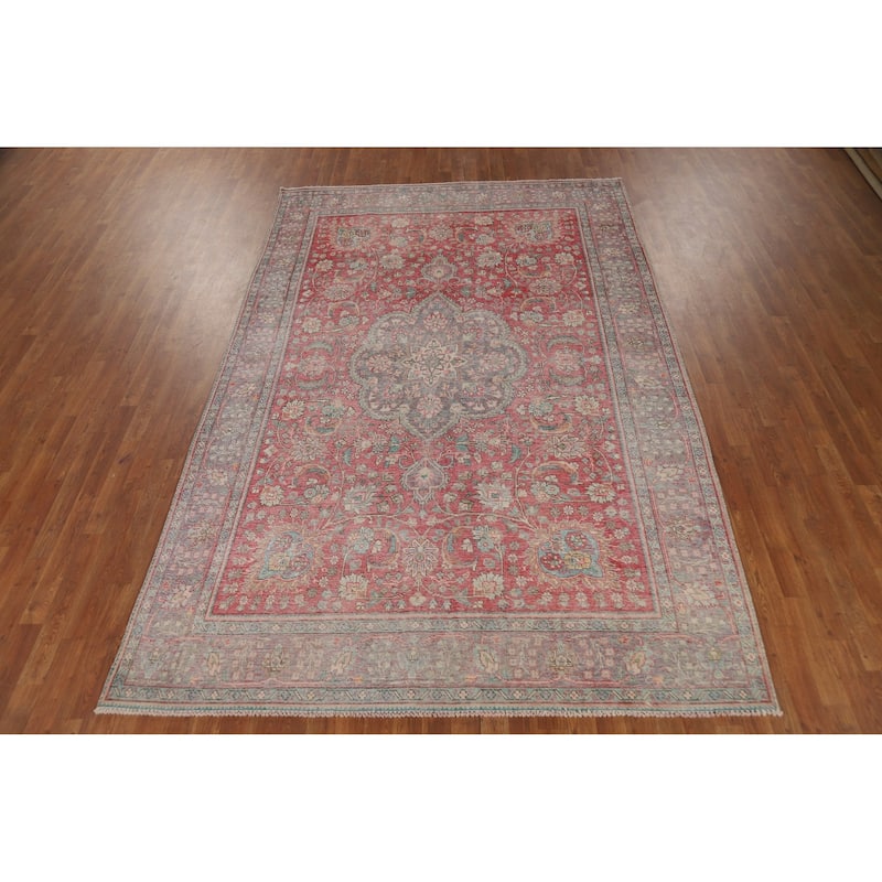 Tabriz Persian Vintage Rug Hand-Knotted Pink Traditional Wool Carpet - 6'9" x 10'3"