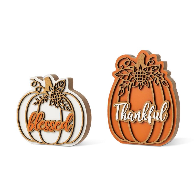Glitzhome 8"H Set of 2 Fall Thanksgiving Wooden Pumpkin Table Decor