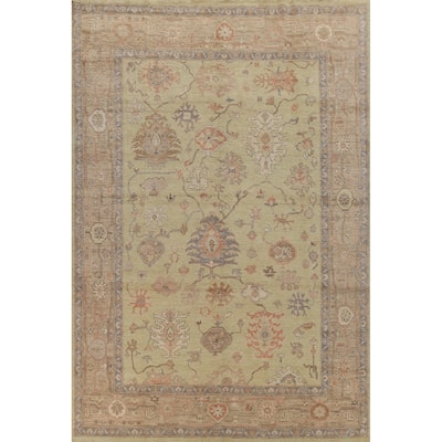 Hand Knotted Oriental 100% Wool Carpet Transitional All-Over Green Oushak Area Rug - 11' 11'' X 8' 10''