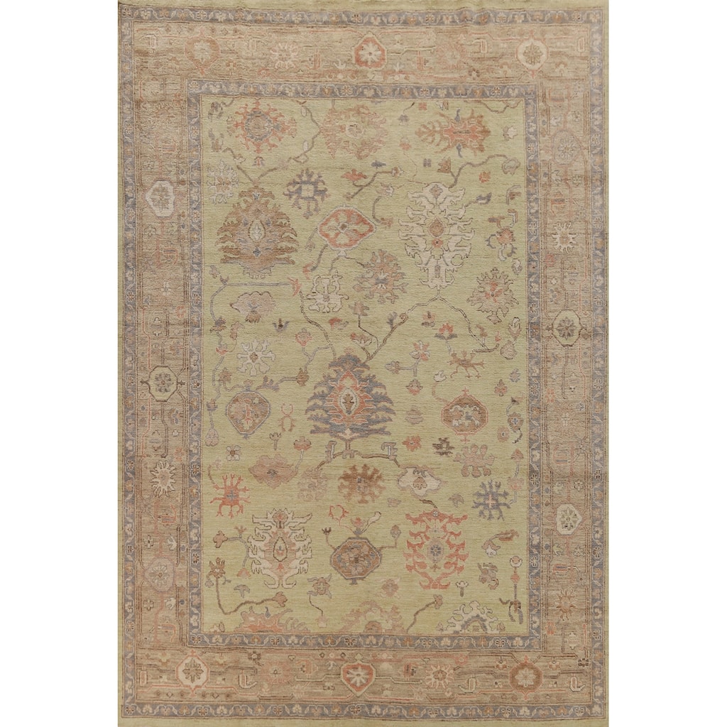 Hand Knotted Oriental 100% Wool Carpet Transitional All-Over Green Oushak Area Rug - 11' 11'' X 8' 10''