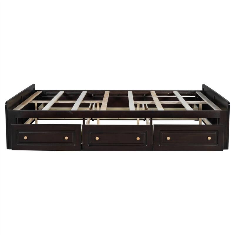 Queen Size Platform Bed with 6 Storage Drawers, Solid Wood Bed Frame with Slats Support, No Box Spring Required
