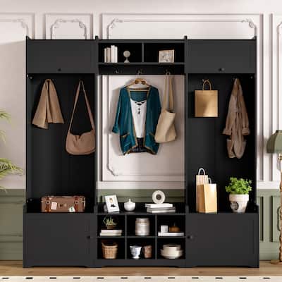 79.1" Wide Modern Hall Tree with Shoe Storage, 8 Cubbies & 7 Coat Hooks - Entryway Bench with Adjustable Shelf