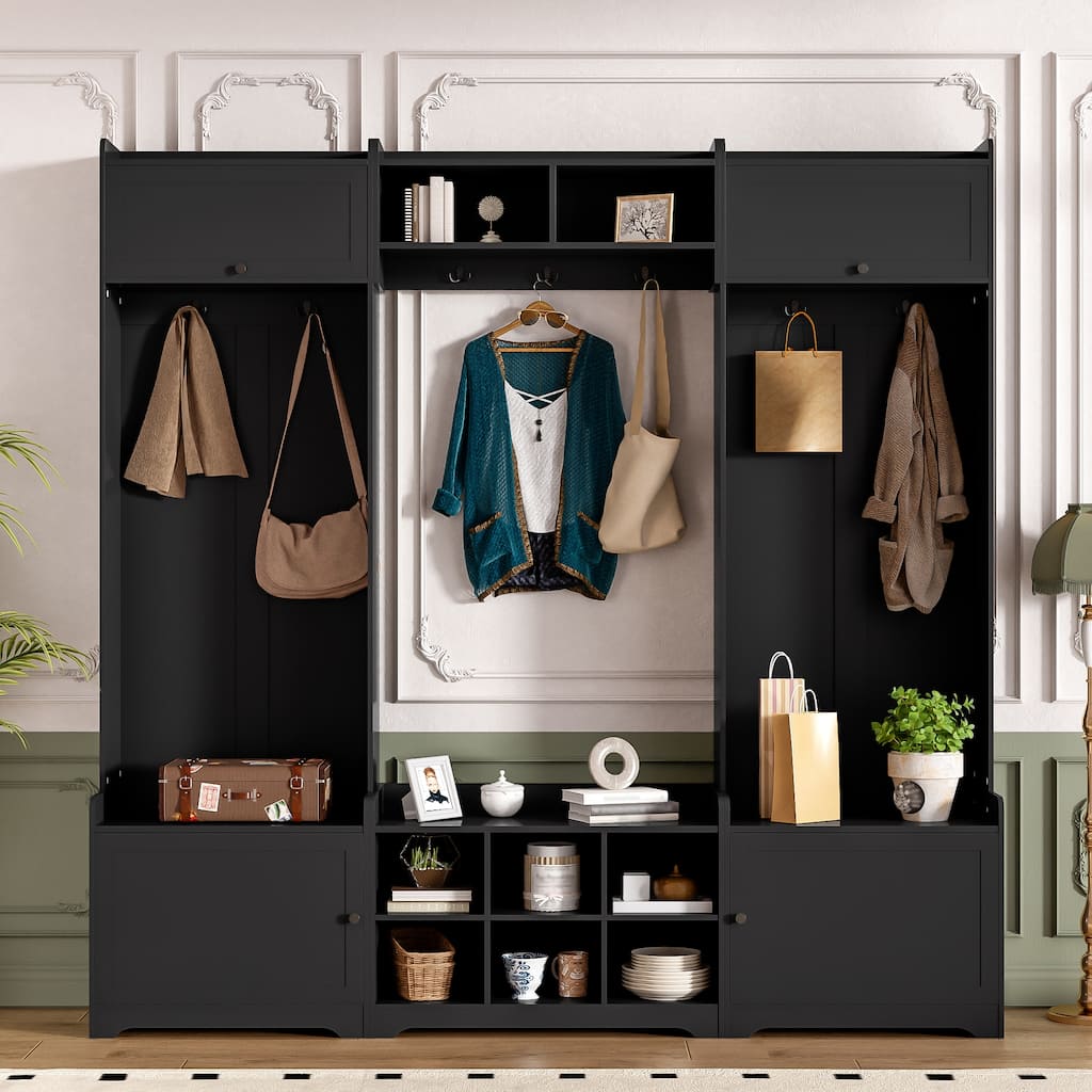 Hallway Tree with Shoe Storage, 79" Coat Rack with Shoes Cubbies & 7 Coat Hooks, 4-in-1 Entryway Wood Bench with Storage