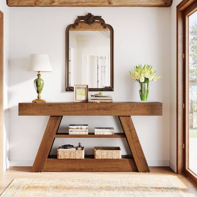 63-Inch Console Table, Wooden Entryway Table with Storage Shelves