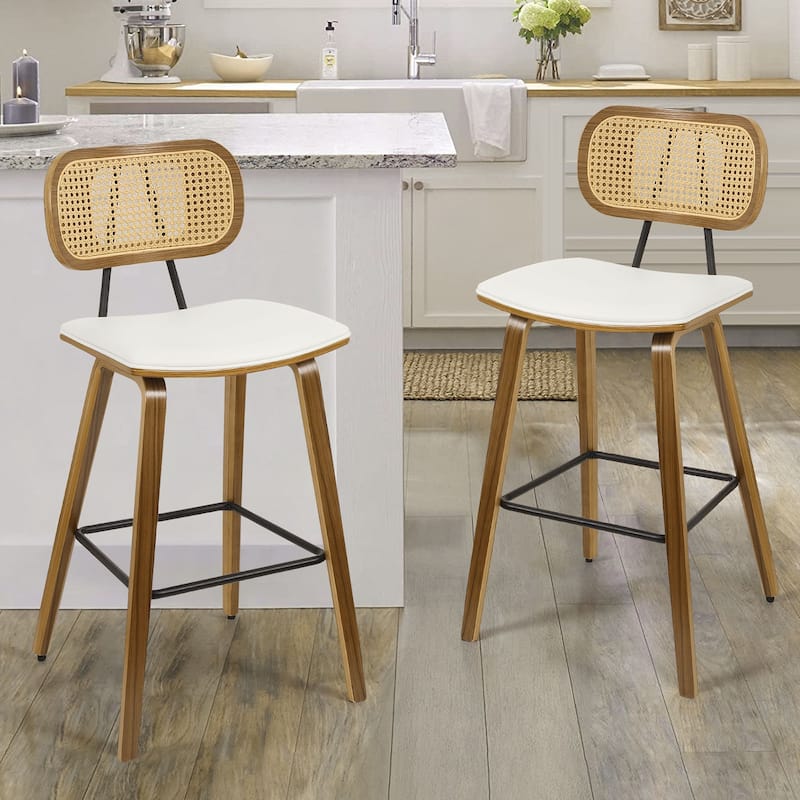 26-inch Wood Counter Height Bar Stools with Rattan Back