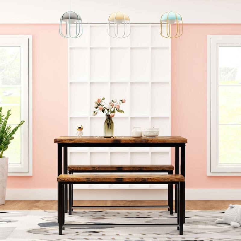 Eureka Industrial 3-piece Dining Set, Modern Kitchen Dining Table with Two Benches for Home, Kitchen, Dining Room, Bar