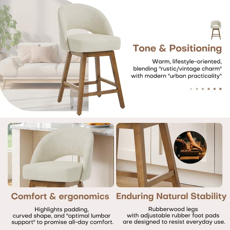 Upholstered Swivel Counter Height Bar Stools with Cutout Back and Solid Wood Frame - 38.2"H x 22.1"W x 23.6"D