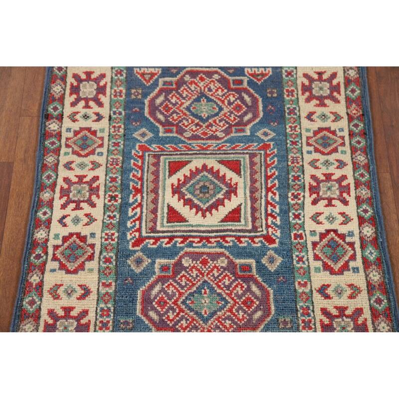 Blue Geometric Kazak Foyer Rug Handmade Wool Carpet - 2'0" x 3'0"
