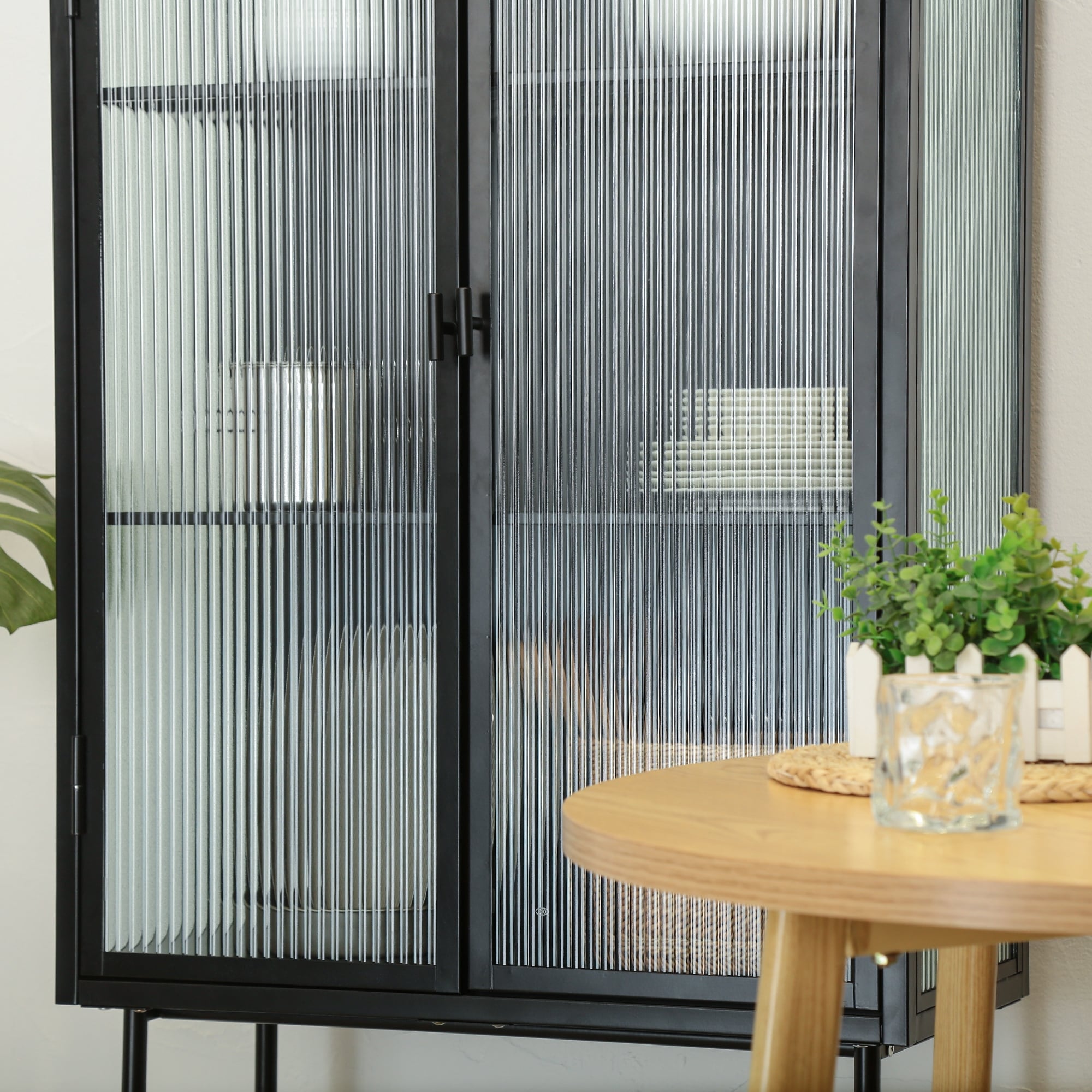 Tall Freestanding Fluted Glass Storage with Glass Doors Bed