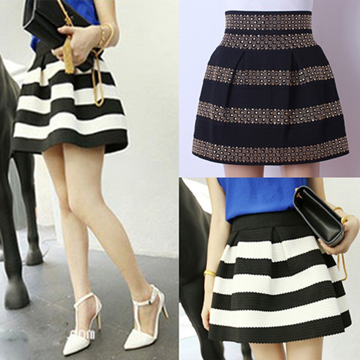 Shop Fashion Women Girl High Waist Rivet Stripes A Line Casual