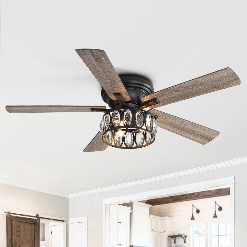 52" 5-Blade Flush Mount Ceiling Fan with Crystal Light Remote Control - 52 Inch