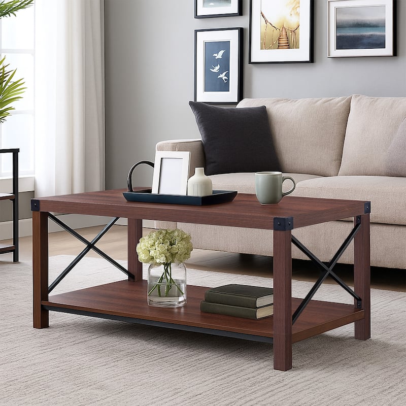 Ledel 39-in Rustic Wood Coffee Table with Storage Shelf - Walnut