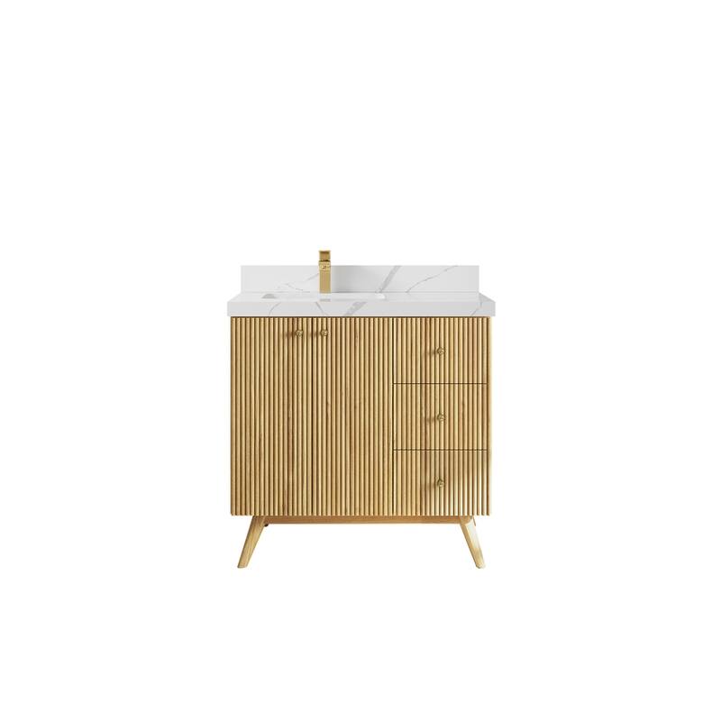 Willow Collections 36 in. W x 22 in. D Pasadena Solid Teak Left Offset Sink Bathroom Vanity with Countertop - 2"Calacatta Laza - Light Natural