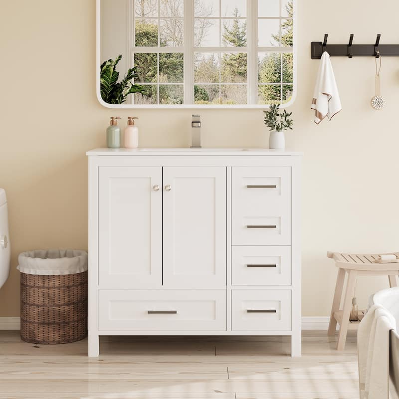 EROMMY All-in-One Bathroom Vanity with Ceramic Sink, Soft-Close Storage Cabinet & Drawer, Glossy Countertop, White