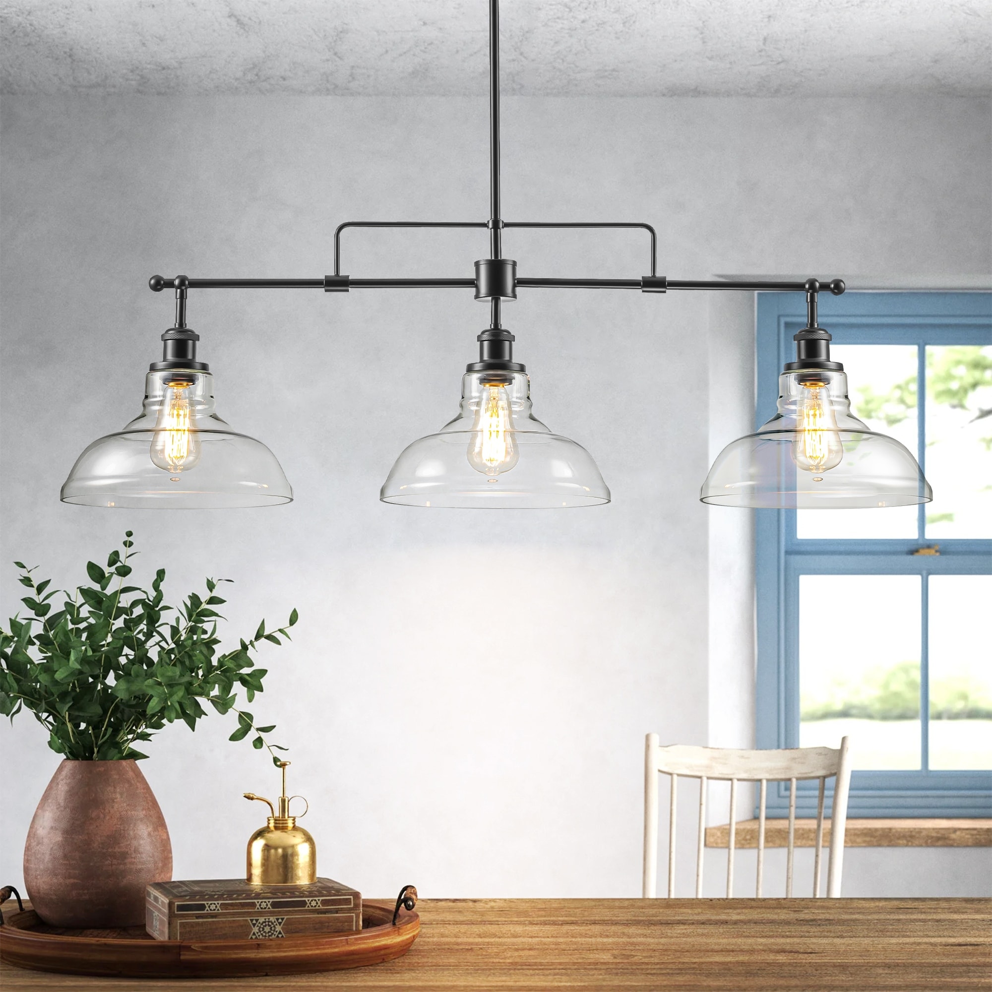 Rennnsan 1/3-Light Modern Black Linear Dome Clear Glass Pendant Light/ Island Lighting