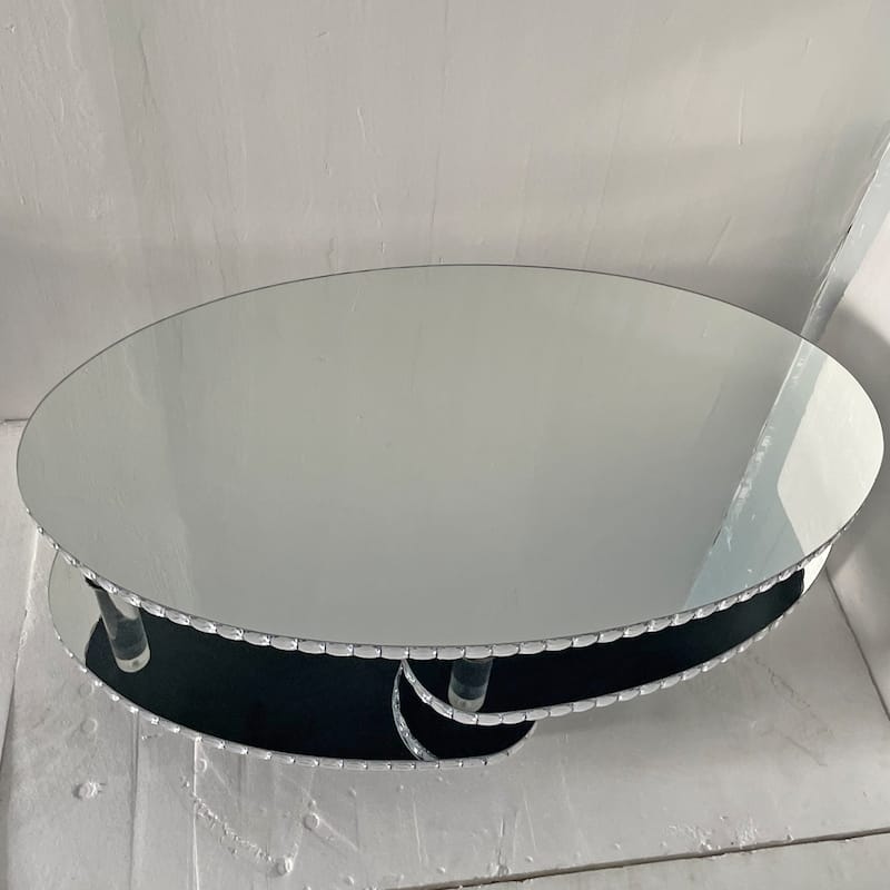 Silver Mirrored Glass Crystal Decor Coffee Table, Oval Double-Layer With Acylic Legs, Modern Home Furnishing