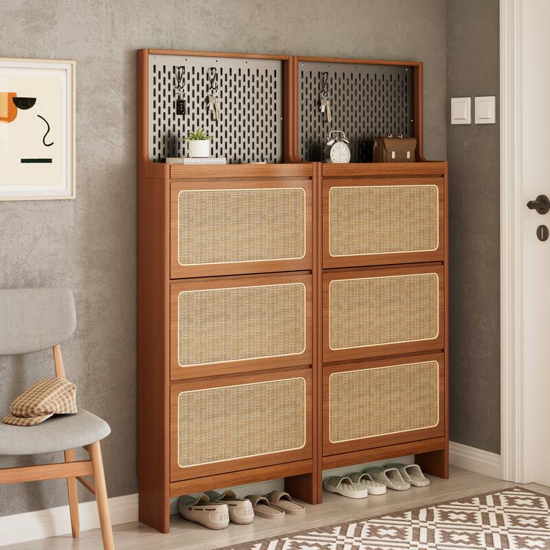 Roomfitters Rattan Shoe Cabinet with 3 Flip Drawers, Entryway Shoe Storage & Pegboard Organizer, Walnut