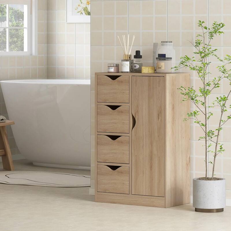 Freestanding Storage Cabinet, Bathroom Floor Cabinet with 4 Drawers - Oak