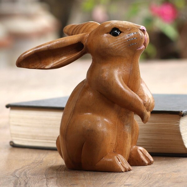 Wood sculpture, 'Adorable Rabbit in Brown' - 14 cm H x 13 cm W x 7
