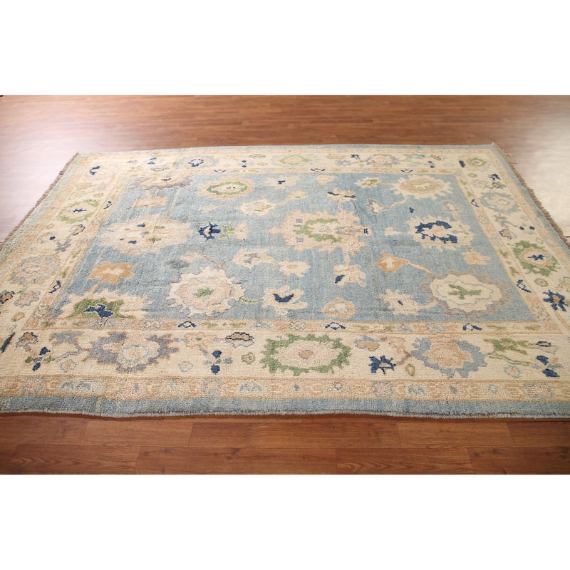 Blue Oushak Turkish Area Rug Hand-knotted Wool Carpet - 6'5"x 9'1"