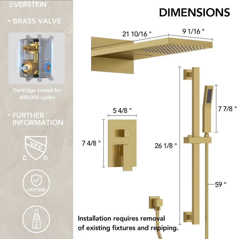 Dual-Function Wall Mounted Waterfall & Rainfall Shower Faucet Set With Rough-In Valve - 22"*10"