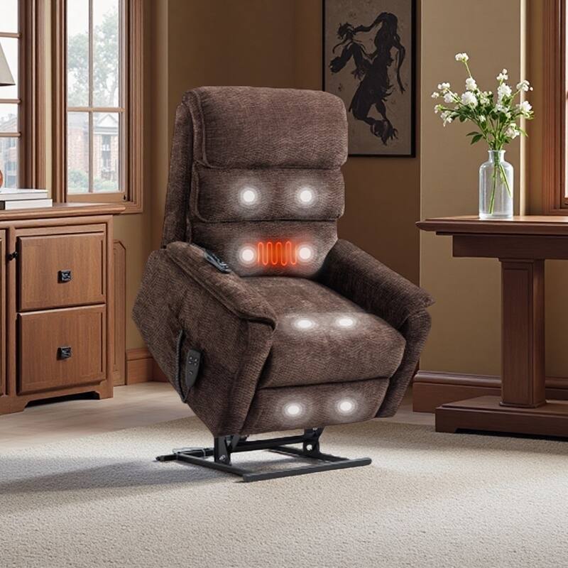 Dual Motor Power Lift Recliner Chair, with Heat & Massage, 350lbs Capacity, Infinite Position, Power-Remote, Side Pockets - Brown