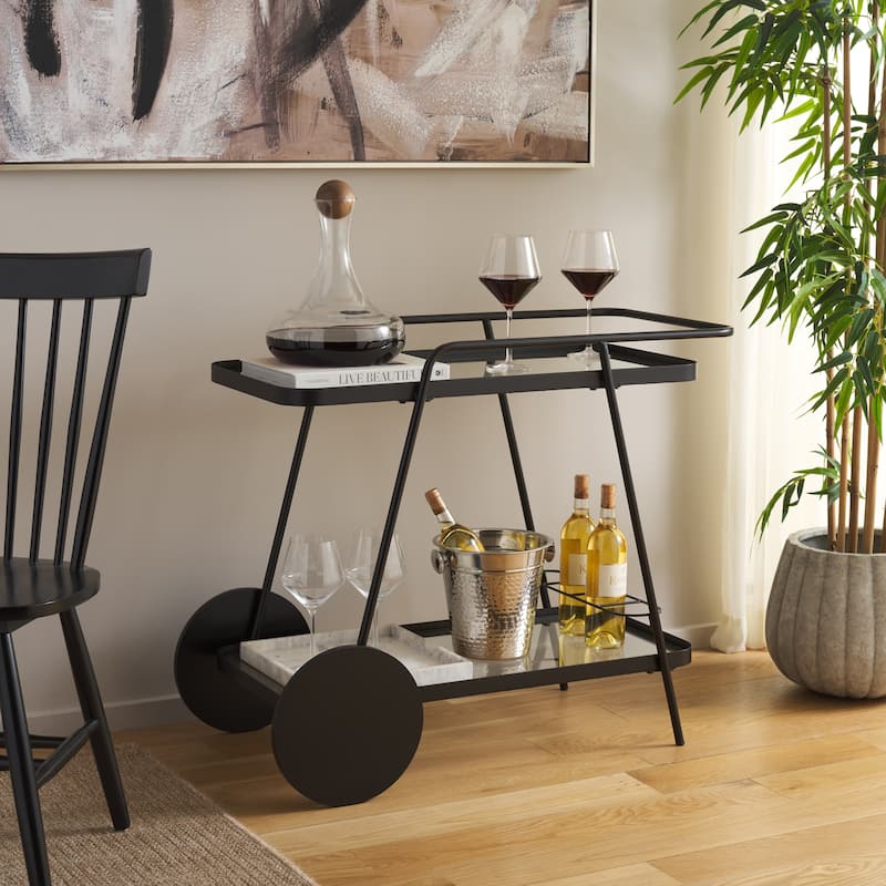 SAFAVIEH Home Zunia Glass Bar Cart with Wheels - 36Wx19Dx30H