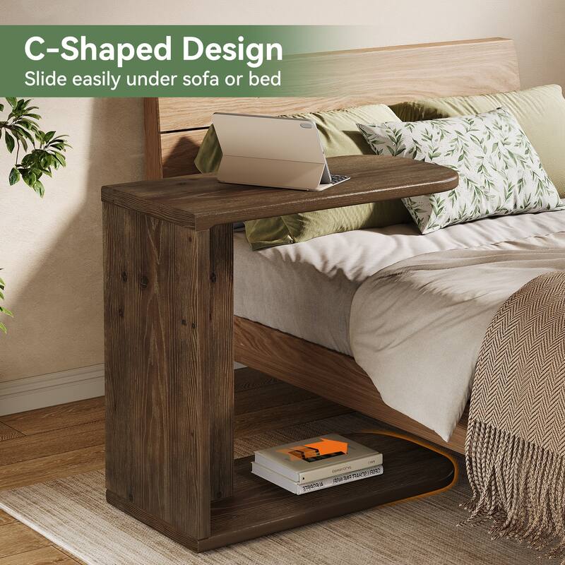 Solid Wood C-Shaped End Table, Sofa Couch Side Snack Accent Table, Living Room Bedroom Couch Table
