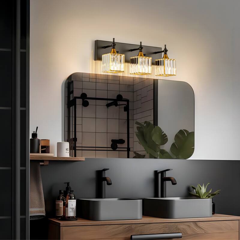 3/4-Light Modern Glam Dimmable Black Gold Crystal Bathroom Vanity Light